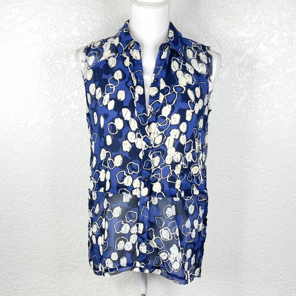 Simply Vera Vera Wang Blue Floral Print Sheer Collared Sleeveless Button Top XS